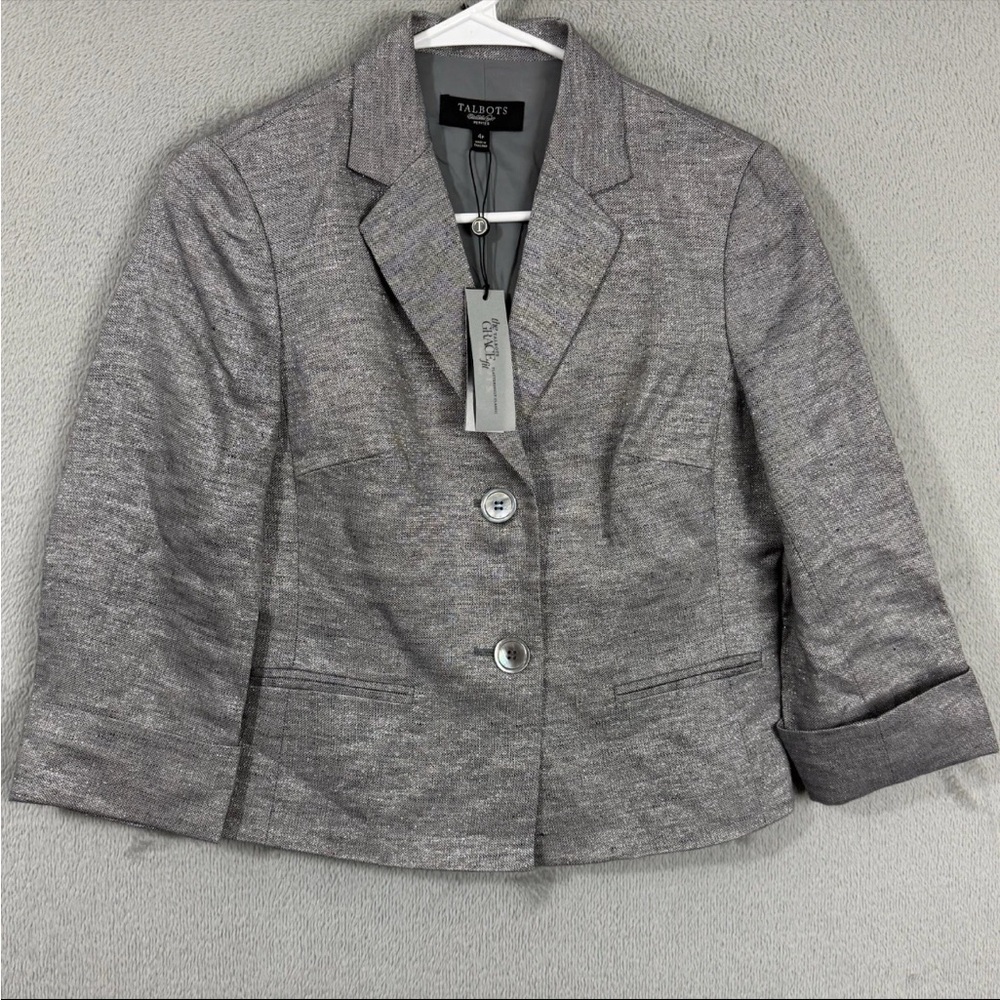 Talbots Blazer Womens 4P Petite Gray Long Sleeve Linen Suit Jacket Lined NWT